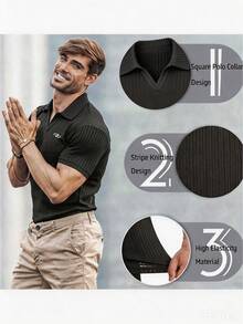Gym Rark Kaos Polo Olahraga Lengan Pendek Motif Geometris Pria - Hitam - View 4