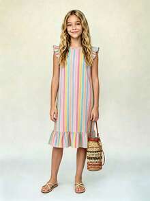 Casuvi Kids Tween Girls Spring/Summer Vacation Beach Tropical 3D Bow Round Neck Sleeveless Ruffle Flutter Sleeve Sweet Spring Style Mid-Length Dress - Multicolor - View 2