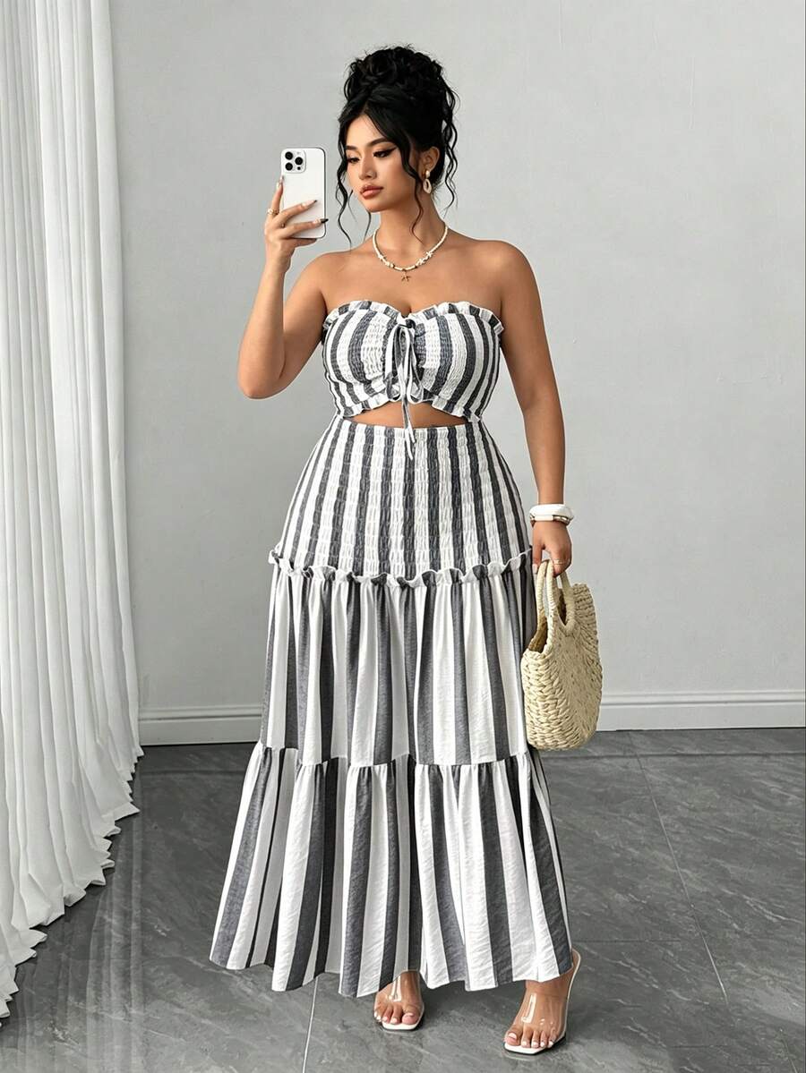 Elenzga Plus Size Elegant Striped Strapless Dress Beach Black And White Summer - Black and White - View 1