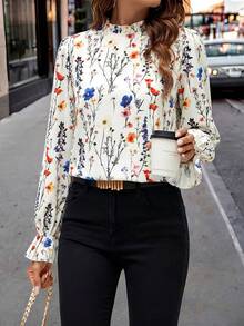 Editum Women's Elegant Versatile Floral Print Ruffle Sleeve Stand Collar Blouse - Apricot - View 4