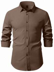 Manfinity Mode Men's Solid Color Single-Breasted Casual Long Sleeve Shirt (Non-Positioned) - Chocolate Brown - View 3