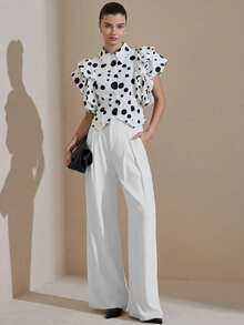Revavyn Women's Blouse Slim Fit Waist Wide Silhouette Layered Ruffle Butterfly Sleeve Pointed Lapel Button Up Party White And Black Polka Dot Summer - Black and White - View 4