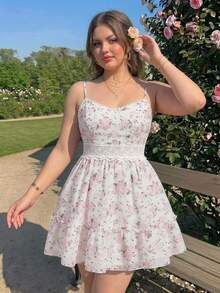 SHEIN MOD Plus Size Women's Spaghetti Strap Lace Patchwork Pleated Ditsy Floral Elegant Cute Summer Mini Dress,Summer Dresses For Women Vacation White - Multicolor - View 8