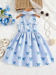 SHEIN Elladie kids Garden Girls 夏季新款時尚 Polo 領掛脖露背收腰甜美百搭度假風女童正式洋裝 - 彩色 - 查看 2