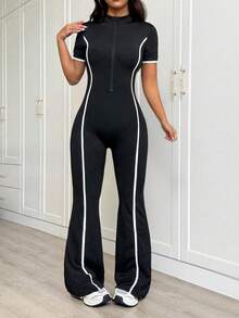 Sweetra CURVE 1件装加大码黑色撞色连体裤，紧身瑜伽裤，柔软舒适，适合运动、健身、锻炼、跑步等场合。女士加大码连体裤，女士连体裤，加大码服装，加大码运动服，女士连体裤 - 黑色 - 查看 4