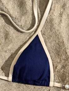 Swim Vcay Bikini de micro triángulo con cuello halter, ribete acanalado y ribete para mujer, traje de baño de verano para la playa - Multicolor - Ver 6