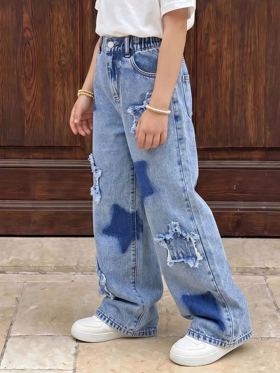 SHEIN Casuvi Kids 超大 Y2K 街头风格宽松牛仔裤,适合青少年女孩,浅洗蓝色,带星星刺绣松紧腰带 - 淺色水洗藍 - 查看 1