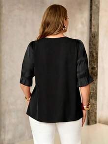 Roveilla Plus Size Women's Elegant Black Open Front Blouse With Large Ruffle Trim, Chiffon Patchwork Mid-Sleeve, Commute Formal Dinner Office Exquisite Red Top - Black - View 3