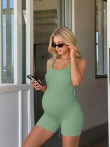 SHEIN 孕婦純色休閒背心式運動連身褲 - 綠色 - 查看 4