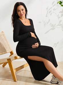 SHEIN Maternity Solid Color Side Slit Fitted Dress Autumn Photoshoot Casual - Black - View 7