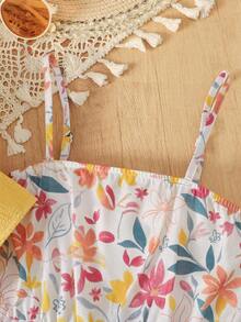 Conjunto de 2 piezas para niña KidsTween: camisa casual de vacaciones con nudo, chaqueta abierta con botones delanteros y vestido de tirantes finos con estampado floral menudo, amarillo - Amarillo - Ver 7