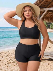 SHEIN CURVE+ Plus Size Women's Bikini Set With Triangle Top And Mesh Cover-Up, Fashionable Minimalist Sexy Swimwear For Beach, Vacation, Pool And Swimming Summer - Black - View 6
