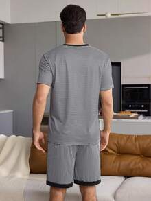 CoupledUp Men's Striped Print Colorblock Patchwork Short Sleeve & Shorts Pajama Set - Black and White - View 3