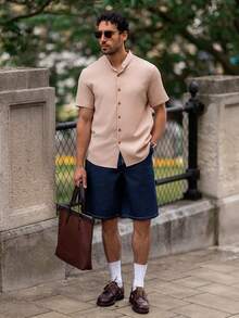 YOUESAWY YOUESAWY Men's Woven Casual Solid Color Short Sleeve Shirt Beige Men Shirt Men Cream Shirt Nude Shirt For Men Men Shirts Linen Tan Men Shirt - Apricot - View 2