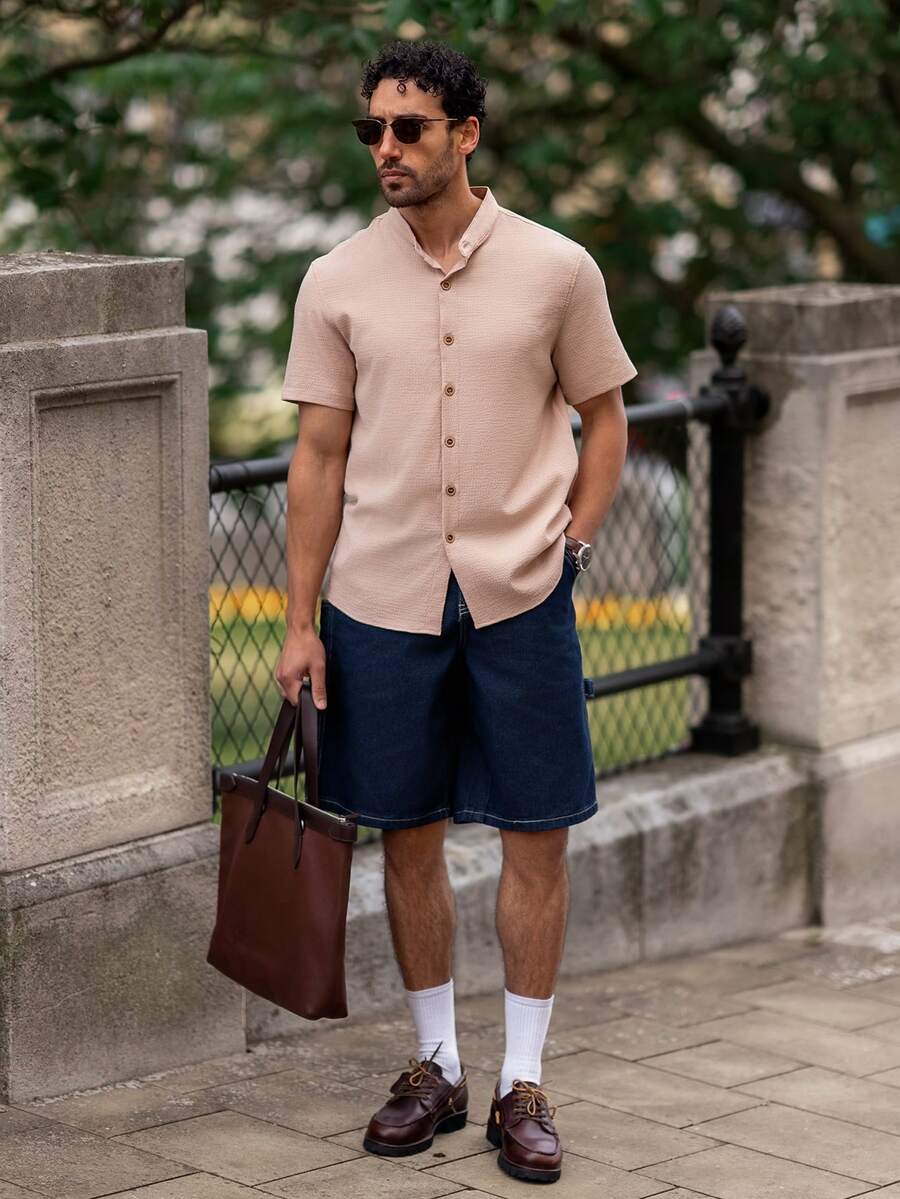 YOUESAWY YOUESAWY Men's Woven Casual Solid Color Short Sleeve Shirt Beige Men Shirt Men Cream Shirt Nude Shirt For Men Men Shirts Linen Tan Men Shirt