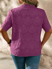 SHEIN LUNE CURVE 大尺碼短袖刺繡鏤空布料襯衫 - 紫色 - 查看 2