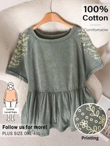 CosyJoli Blusa de mujer talla grande con estampado, blusa casual con volantes de manga corta, blusas de verano - Verde - Ver 2