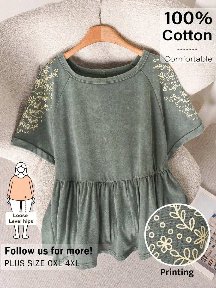 CosyJoli Blusa de mujer talla grande con estampado, blusa casual con volantes de manga corta, blusas de verano