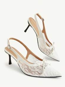 CUCCOO CHICEST Spring And Summer New French Retro Fashion Pointed Slingback Sandals White High Heel Lace Mesh PU Bow Shoes Workplace Commuter Versatile Shoes - White - View 4