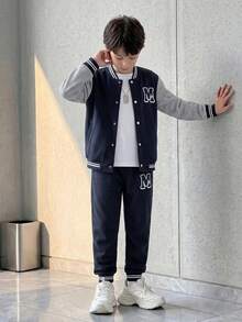 SHEIN Casuvi Kids 青少年男孩字母印花撞色棒球领夹克和裤子休闲装，秋季 - 黑色 - 查看 1