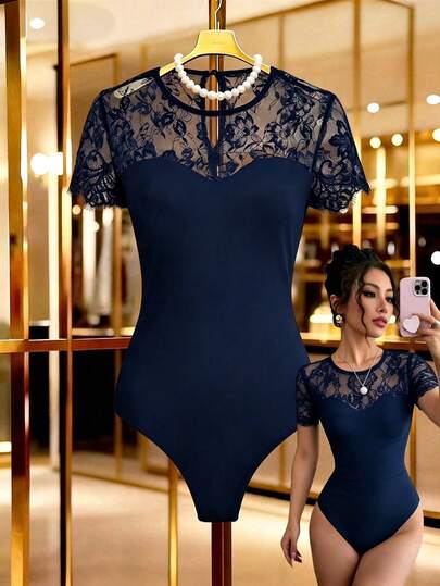 Selianne Spring/Summer Sexy Ballet Triangle One-Piece Bodysuit, Shaping, Waist-Cinching Butt-Lifting, Dance Club Night, Yoga, Navy Blue Floral