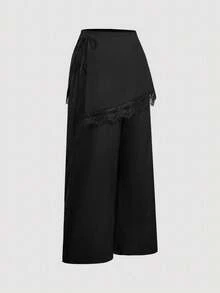SHEIN MOD 大尺碼女款純色側腰綁帶對比蕾絲二合一長褲 - 黑色 - 查看 3