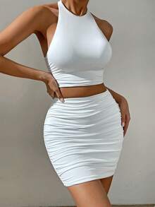 Chiquease Solid Halter Top & Ruched Bodycon Skirt - White - View 4