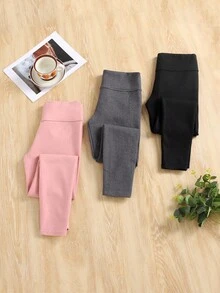 SHEIN Tween女孩針織高腰抓絨秋季內搭褲 - 彩色 - 查看 4