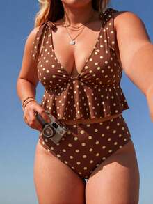 Swim Mod Plus Size 2026 Spring/Summer Digital Print 2 Pieces Detachable Padded Bikini Swimwear, Sexy Tropical Deep V-Neck Skirt-Style Bikini, Beach Brown - Multicolor - View 3