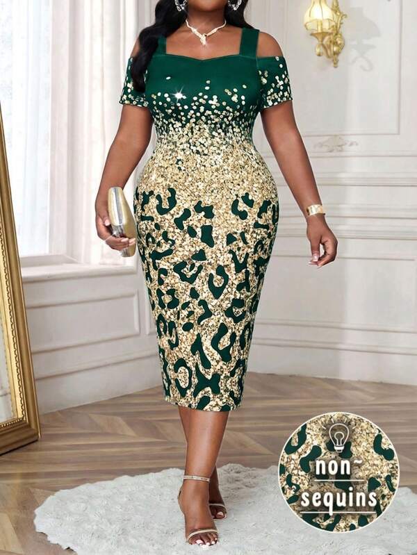 SHEIN Lady Vestido elegante de manga corta con hombros descubiertos y silueta ajustada para mujer de talla grande, vestidos formales para mujer