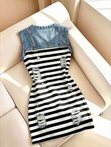 Resyla Women's Striped Design Round Neck Sleeveless Casual Mid-Length Dress - Multicolor - View 2