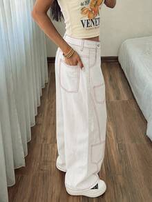 StreetHx Fashion Casual Y2k Streetwear Street Style Colorblock Stitching Multi-Pocket Low Waist Denim Curved Leg Pants Everyday Going Out White And Red Summer - White - View 2