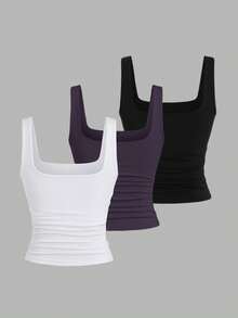 Sweetra Women's Solid Color Square Neck Pleated Casual Versatile Tank Top - Multicolor - View 2