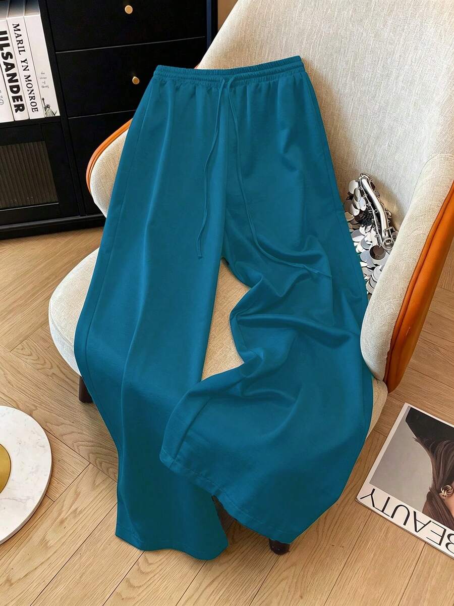 SHEIN Franclia 優雅休閒時尚直筒亮面梭織腰繩設計春夏女款白色長褲 - 藏蓝色 - 查看 1