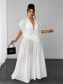 Maweii Plus Size Women's French Elegant Luxury Deep V-Neck Ruched White Moon Chiffon Sheer Solid Color Dress - White - View 4