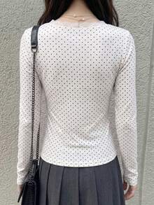 Dazy Tall 女款高個子長袖圓點蕾絲拼接休閒T恤，適合高個子女孩 - 黑與白 - 查看 3