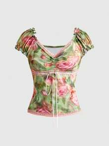Sweetness Set 2 Potong Atasan dan Rok Motif Bunga Leher V Berkerah V untuk Gadis Manis di Awal Musim Gugur - MultiWarna - View 7