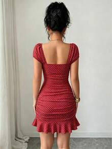 SHEIN LUNE New Women's Square Neck Polka Dot Print Ruched Waist Ruffle Hem Dress, Suitable For Dating And Vacation Wear - Red - View 2