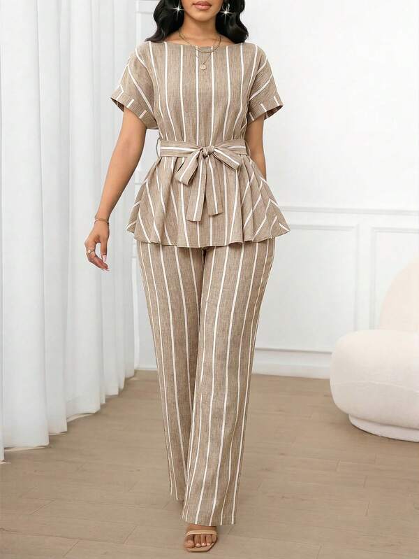 SHEIN Lady Women's Casual Commute Striped Shirt And Pants 2 Pieces Set