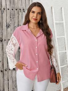 EMERY ROSE Plus Size French Fashion Red And White Lace Patchwork Single-Breasted Shirt Teachers' Day Office Brunch Formal Elegant Summer Fall Autumn - Pink - View 10