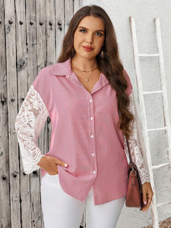 Rosumi Plus Size French Fashion Striped Lace Patchwork Single-Breasted Shirt