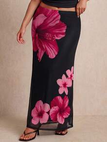 Elaquor Große Größen Damen Mesh bedruckter Rock, schwarzes elegantes Damen Urlaubskleid mit Meerjungfrauensaum und Blumenmuster, Damen Sommerkleidung, Sommerbekleidung, Outfit für Country Music Festival, Urlaubskleid, Strandoutfit, Y2K Stil Rock - Verschiedenfarbig - Übersicht 5