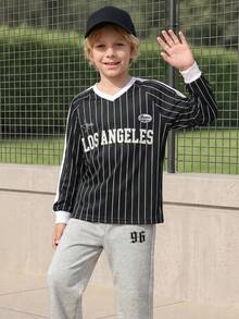 Casuvi Kids Tween Boys' Casual Black And White Striped Contrast Letter V-Neck Long Sleeve T-Shirt,Loose Fit Comfortable Streetwear School Autumn Back-To-School - Multicolor - View 7