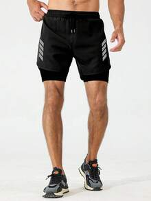 Coreblaze Men's Geometric Print Drawstring Waist Pocket Sports Shorts - Black - View 5