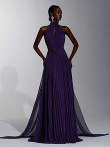 Elitara Elegant Queen Formal Purple Chiffon Halter Neck Cup Pleated Skirt Party Graduation Gala Dinner Bridal Prom Dress Wedding Fall New Year - Dark Purple - View 1