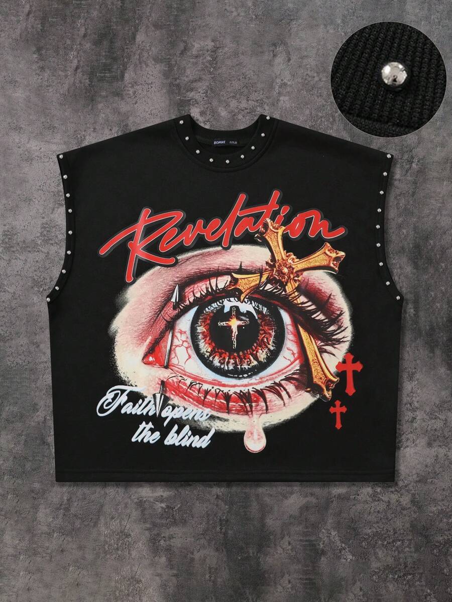ROMWE MEN Street Life Camiseta de tirantes holgada con estampado de retrato borroso y decoración de remaches para hombre - Negro - Ver 1