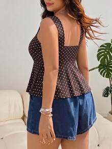 Solflare Brown Plus Size Women's Polka Dot Pattern Front Tie Top - Brown - View 2