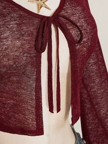 SHEIN ICON Solid Color Bell Sleeve Tie Front Cropped Top For Women - Burgundy - View 7