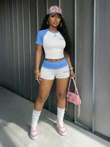 Slaydiva New Spring/Summer Music Festival Valentine's Day And Easter Casual Simple Basic Style Y2K Street Sweet Bestseller Daily Date Hot Girl Style Sexy Sporty Style Stylish Round Neck Short Sleeve Shoulder Sleeve Blue Sleeve White T-Shirt + Blue Folded Waist Head White Super Short Pants Hot Pants White Contrasting Blue Sporty Set Hotgirl English Print Women's Two Pieces Set -A - Blue - View 2