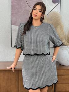 Lounesse 大尺碼夏季休閒格紋襯衫與裙子兩件套，優雅辦公、晚宴、正式商務工作女裝，開學季白色 - 黑與白 - 查看 8